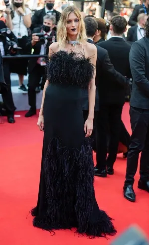Anja Rubik black feather strapless column dress 2021 Cannes