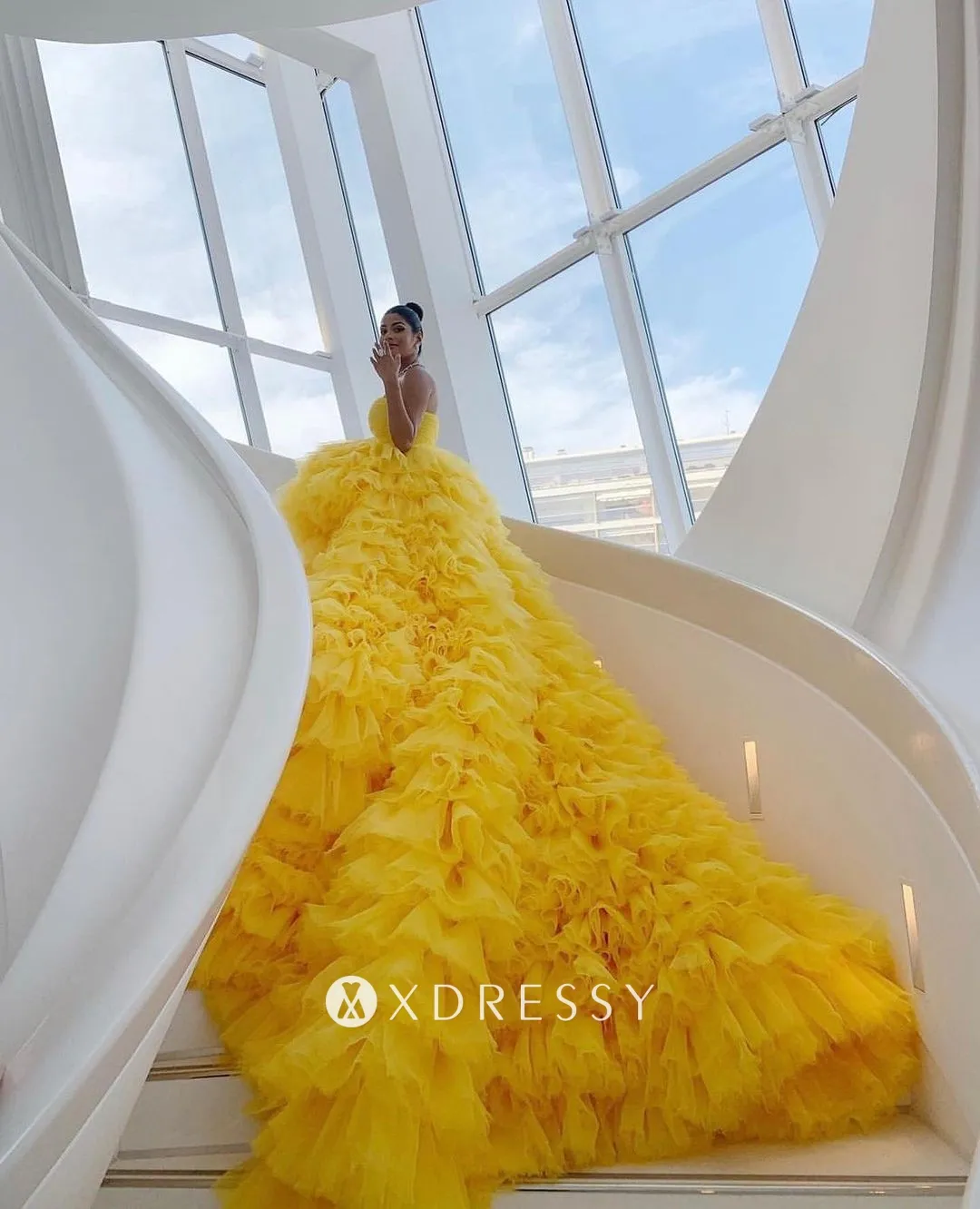 Farhana Bodi canary yellow ruffle tiered long train dress