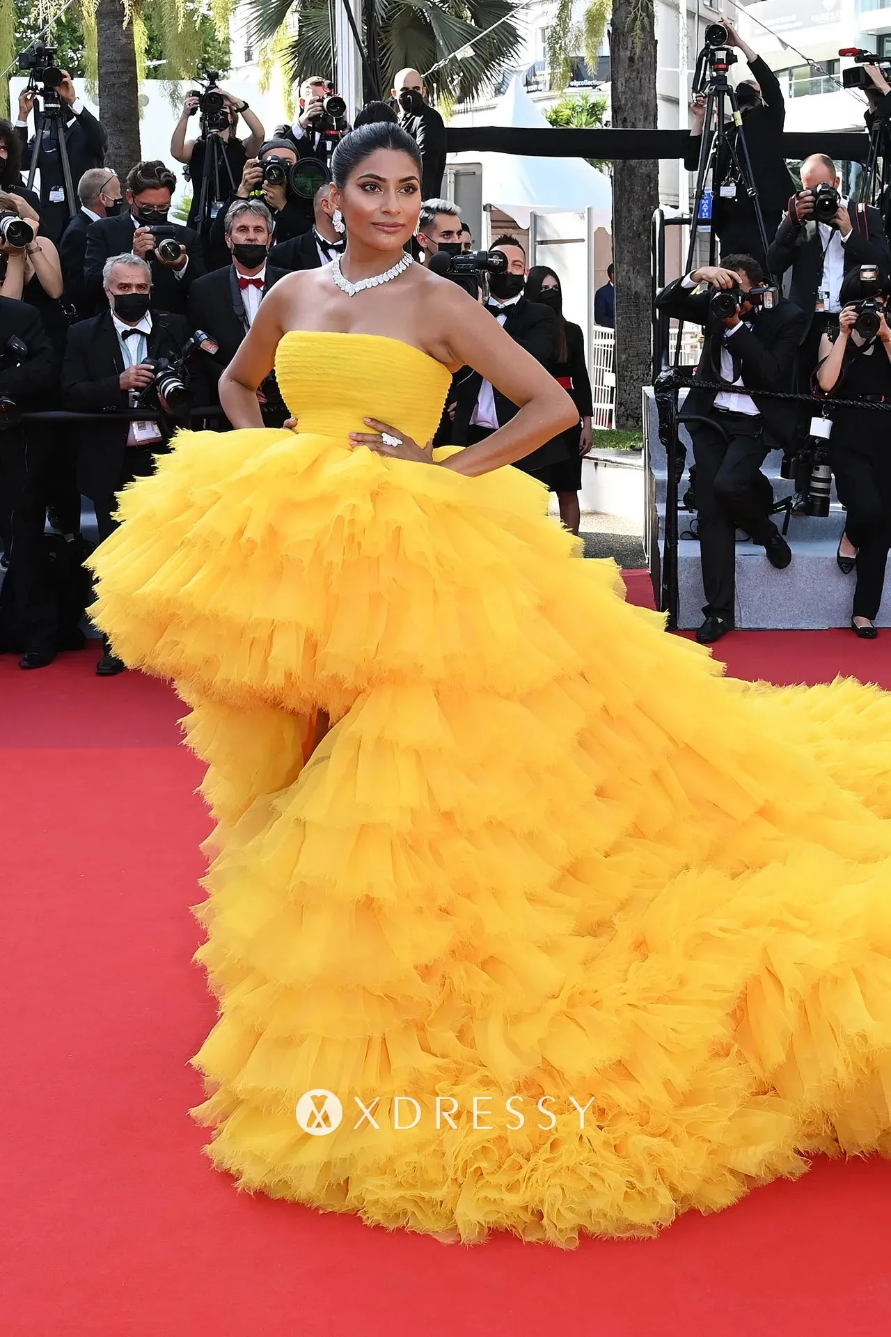 Farhana Bodi canary yellow ruffled high low prom dress