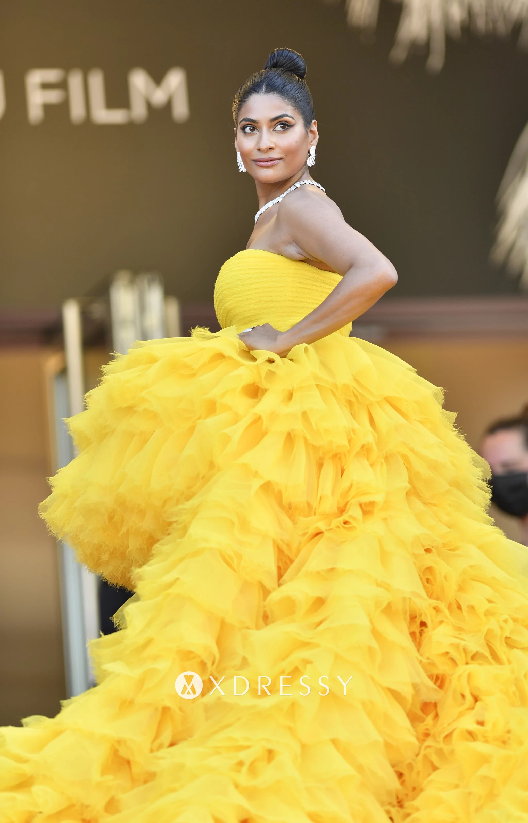 Farhana Bodi yellow cascading ruffled prom dress