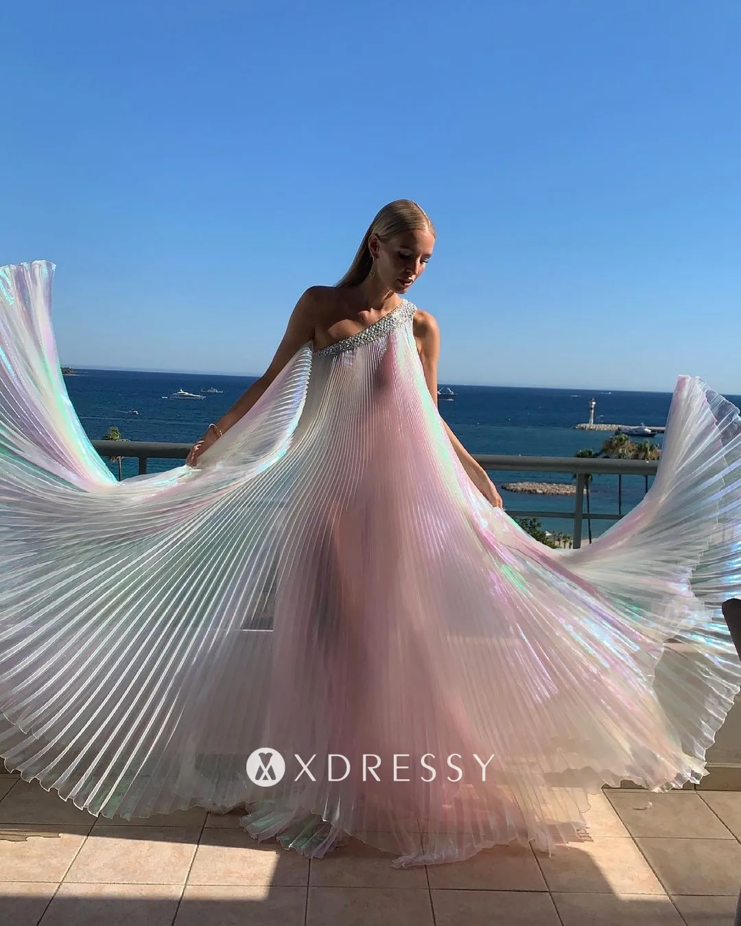 Leonie Hanne iridescent beaded pleated flowing celebrity dress