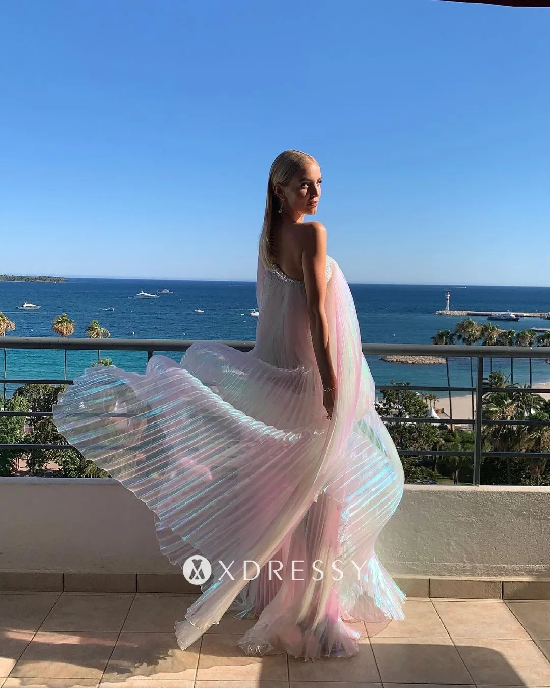 Leonie Hanne iridescent one shoulder pleated prom dress