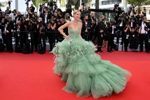 Leonie Hanne tiered green tulle ball gown 2021 Cannes