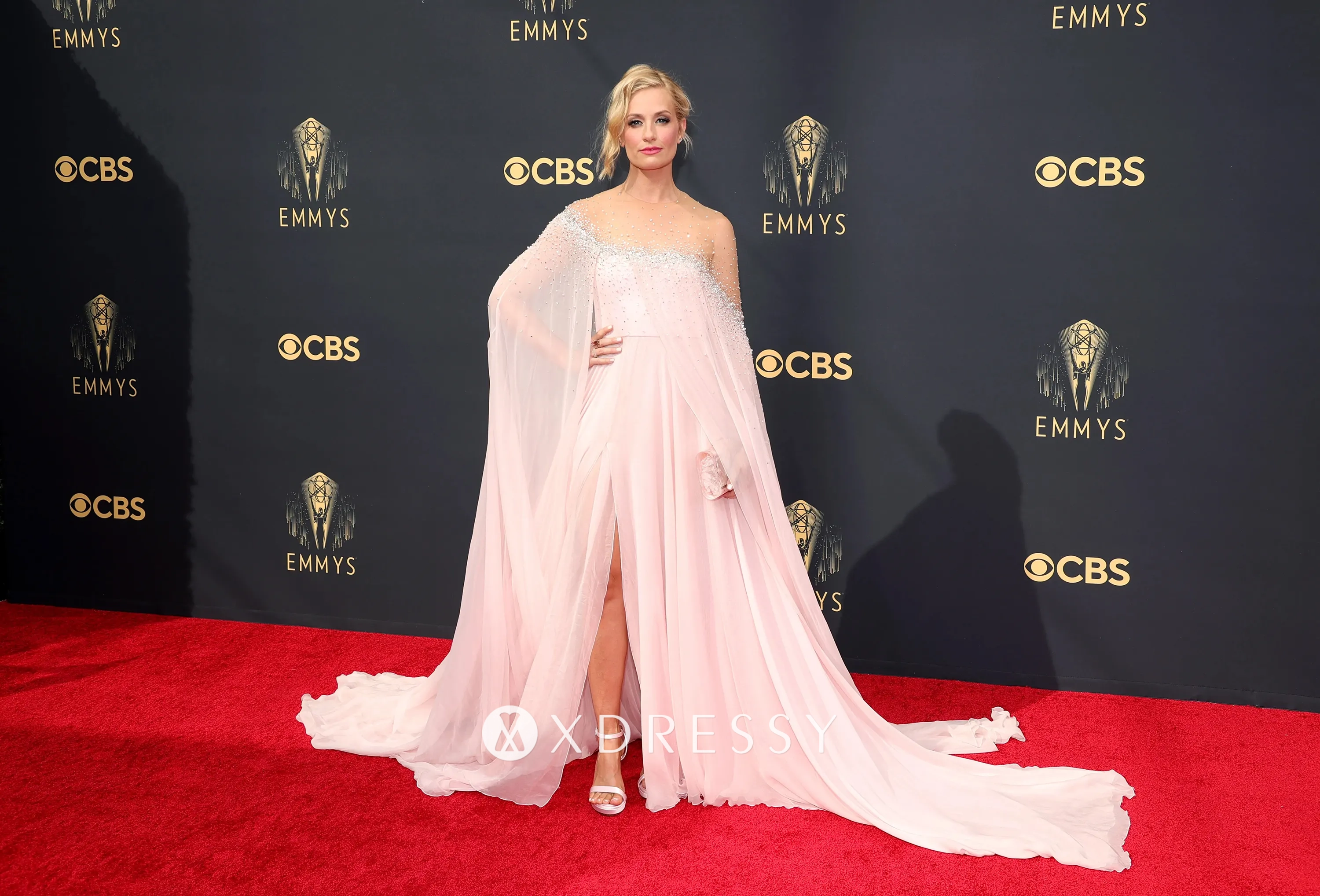 Beth Behrs crystal pink chiffon caped dress 2021 Emmys Beth Behrs crystal pink chiffon caped dress 2021 Emmys