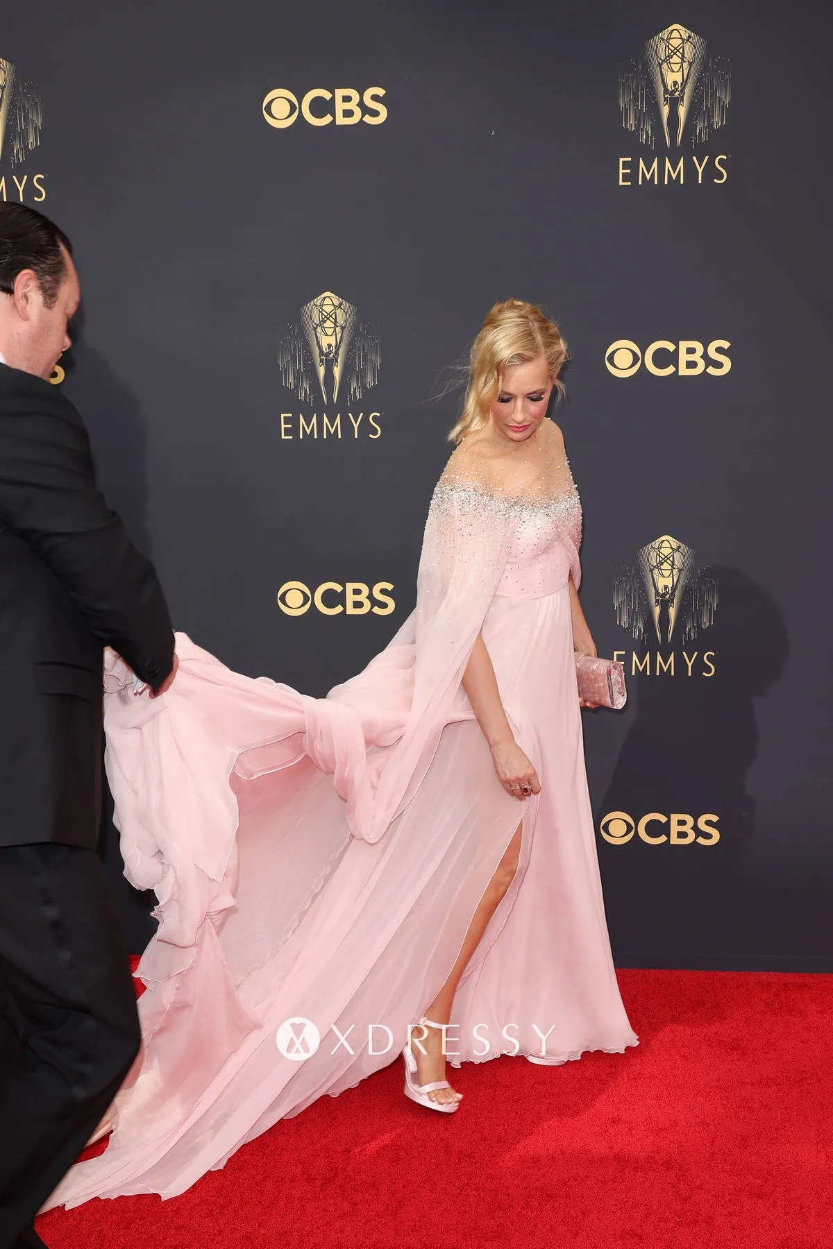Beth Behrs crystal pink chiffon dress at 2021 Emmys Beth Behrs crystal pink chiffon dress at 2021 Emmys