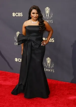 Mindy Kaling black satin bow evening gown 2021 Emmys