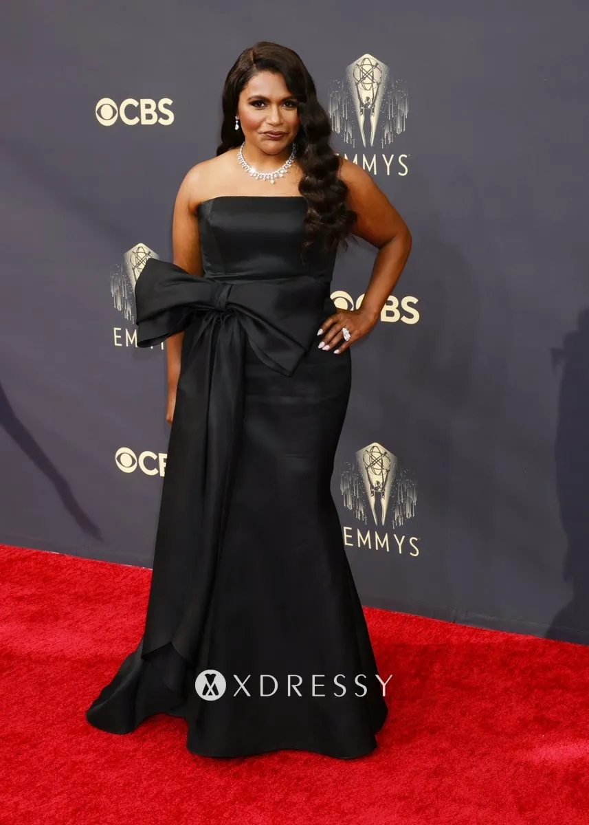 Mindy Kaling black satin bow evening gown 2021 Emmys Mindy Kaling black satin bow evening gown 2021 Emmys