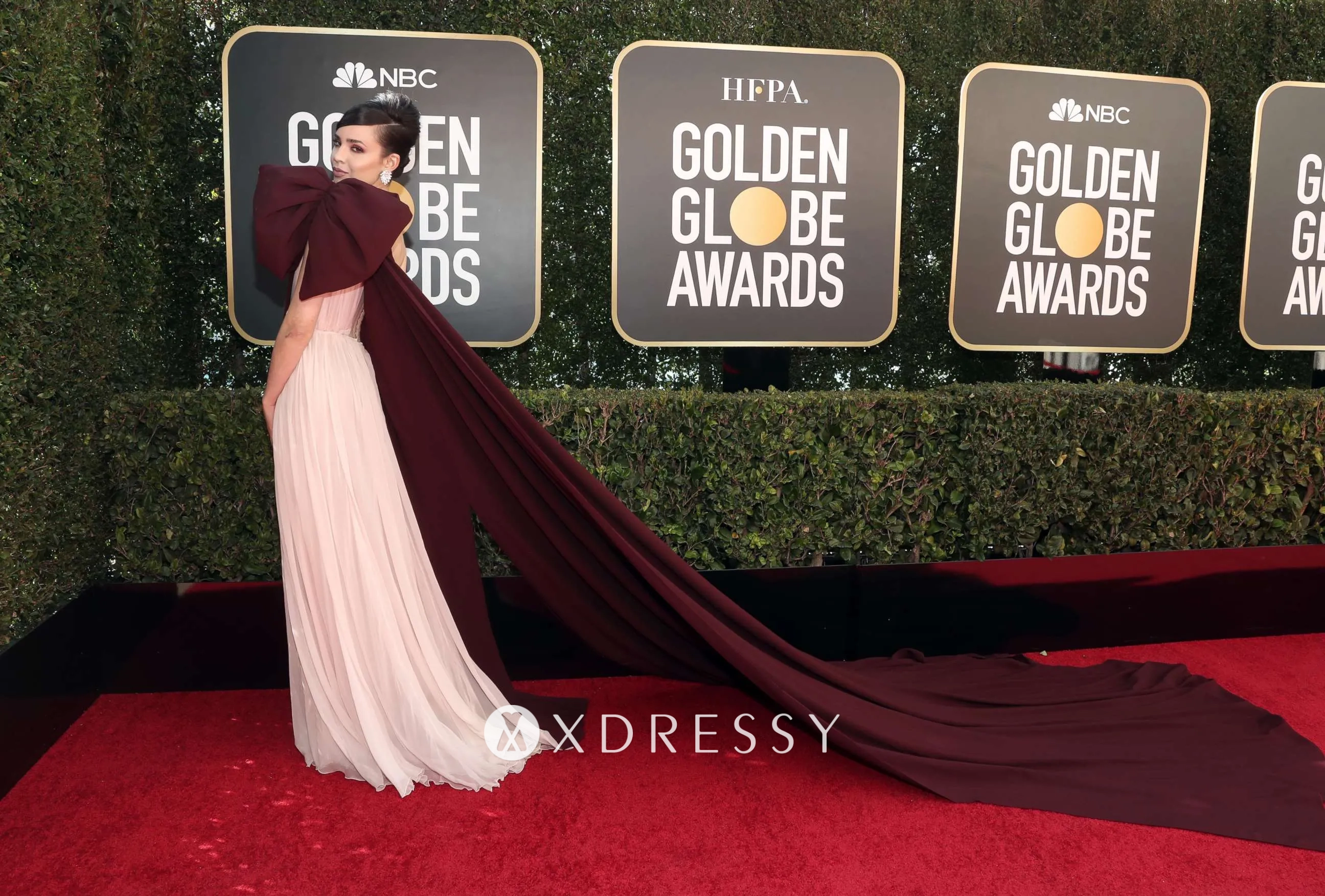 Sofia Carson large bow celebrity dress with long train Sofia Carson large bow celebrity dress with long train