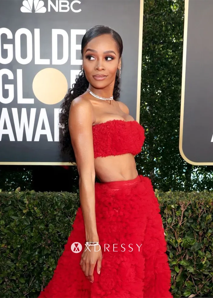 Zuri Hall Crimson two piece red floral dress at 2021 Golden Globes