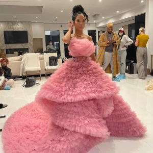 Jhene Aiko pink high low ruffled prom gown 2021 Grammys