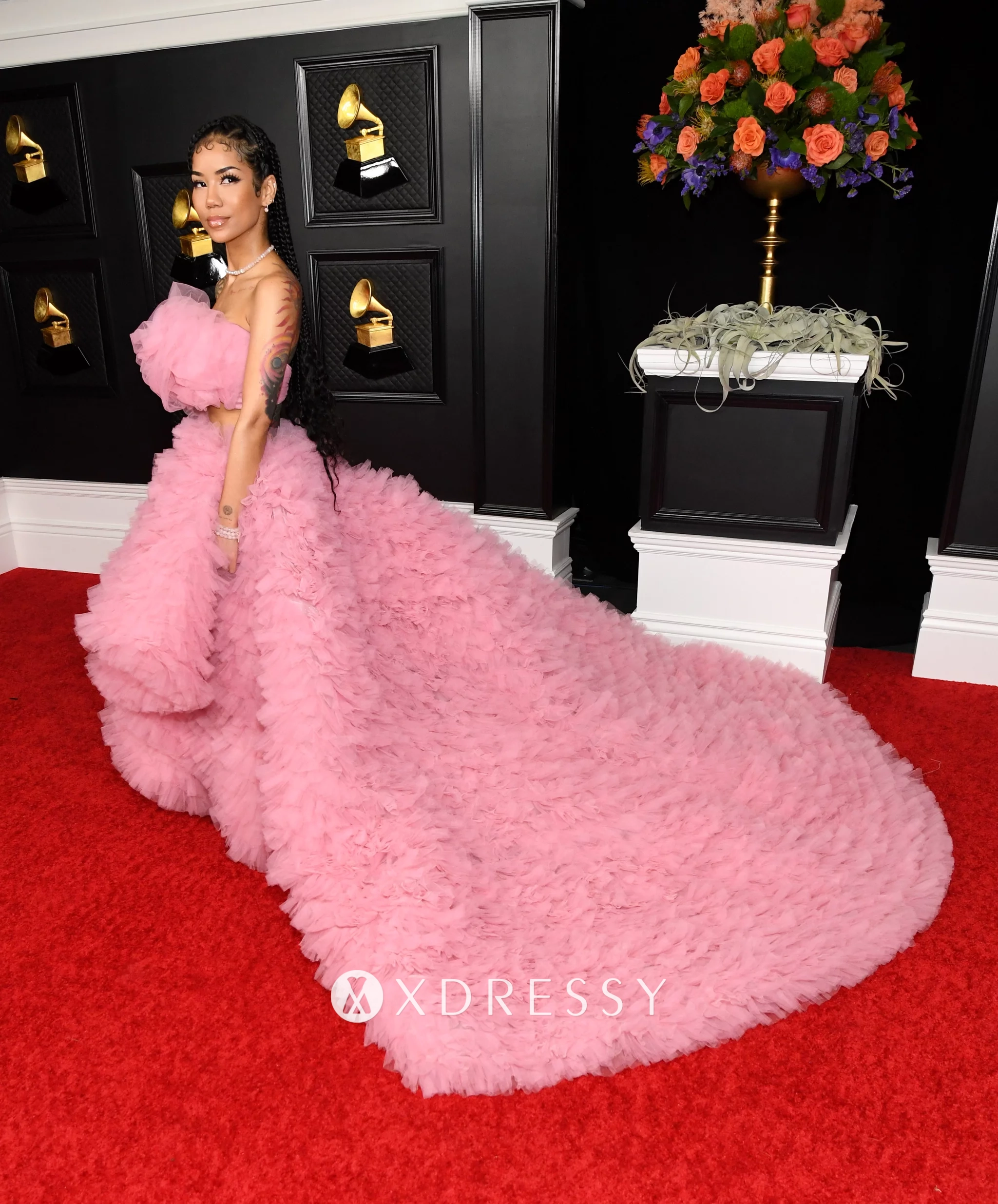 Jhene Aiko pink ruffled photoshoot dress with long train Jhene Aiko pink ruffled photoshoot dress with long train