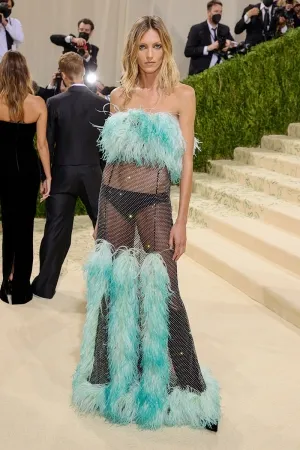 Anja Rubik bead net with feather dress 2021 met gala