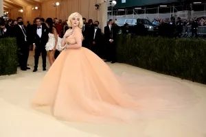 Billie Eilish peach corset prom ball gown at 2021 Met Gala
