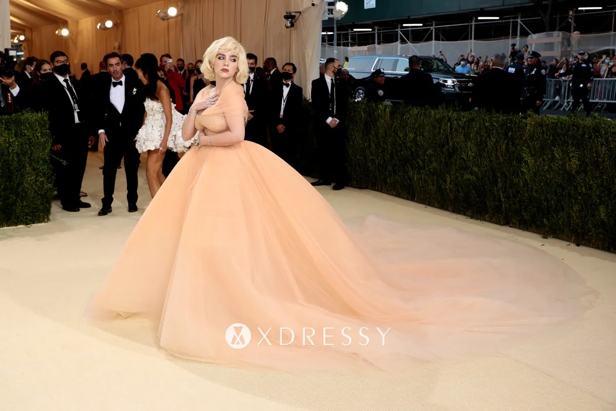Billie Eilish peach corset prom ball gown at 2021 Met Gala