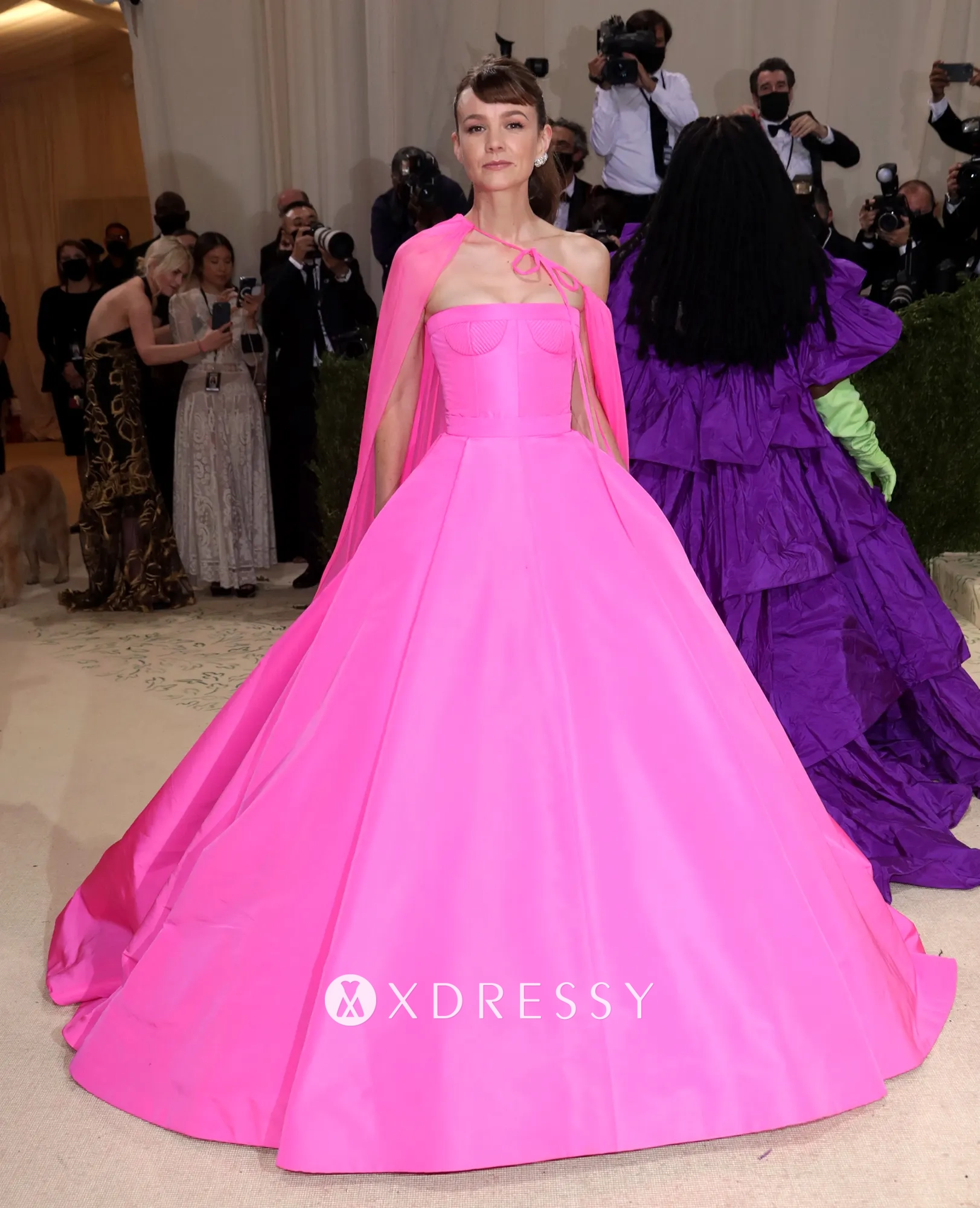 Carey Mulligan fuchsia bustier caped prom dress 2021 Met Gala
