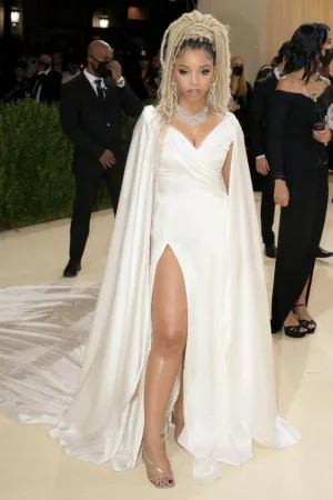 Chloe white satin sexy slit caped gown 2021 Met Gala