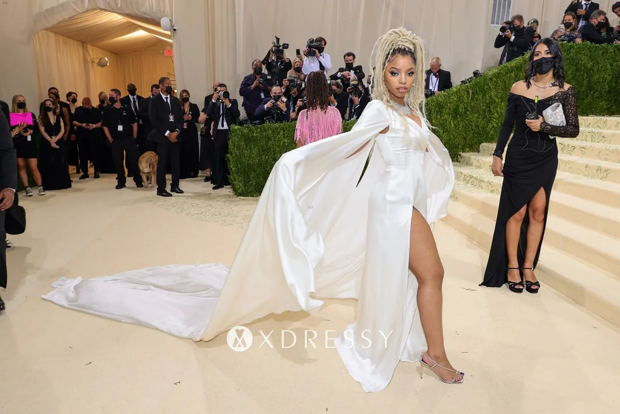 Chloe white satin slit formal gown with dramatic cape Chloe white satin slit formal gown with dramatic cape