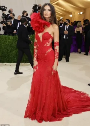 Emily Ratajkowski red pluning neck dress 2021 Met Gala