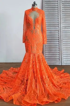 orange high neck african american sequin prom dress