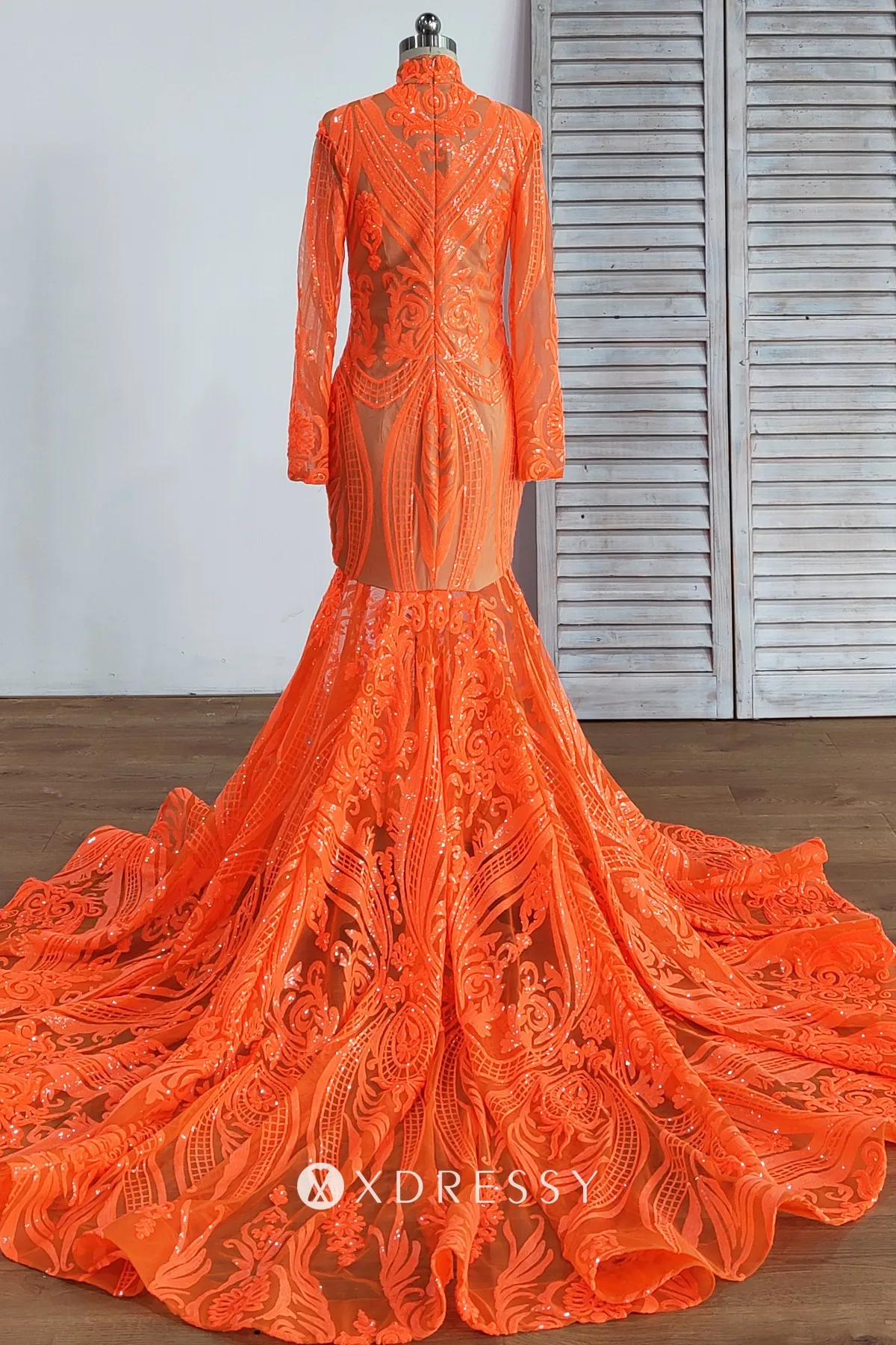 orange high neck closed back long train sequin prom dress orange high neck closed back long train sequin prom dress