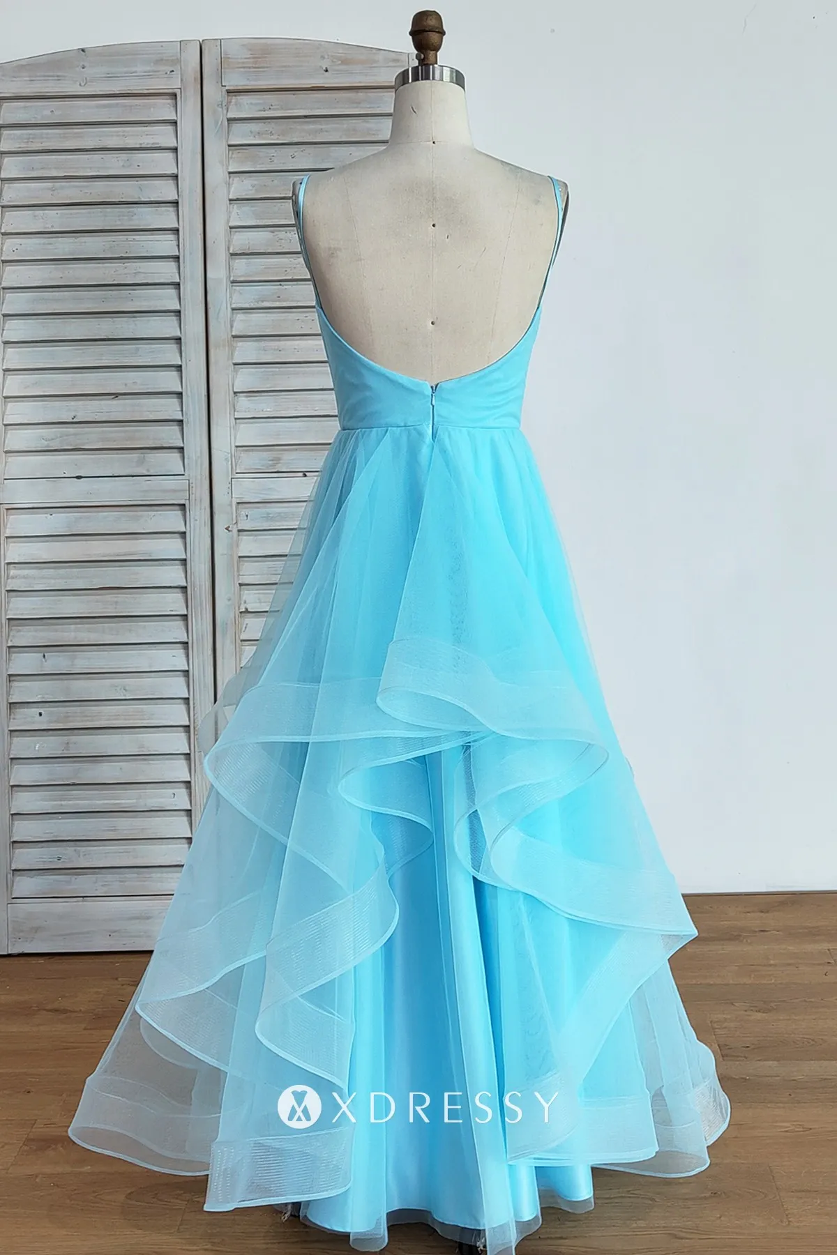 blue tulle low back floor length prom dress blue tulle low back floor length prom dress