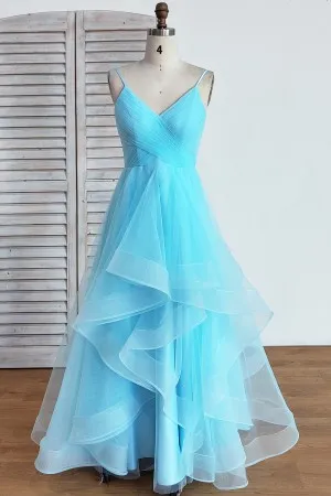 flounced blue tulle v neck floor length prom dress