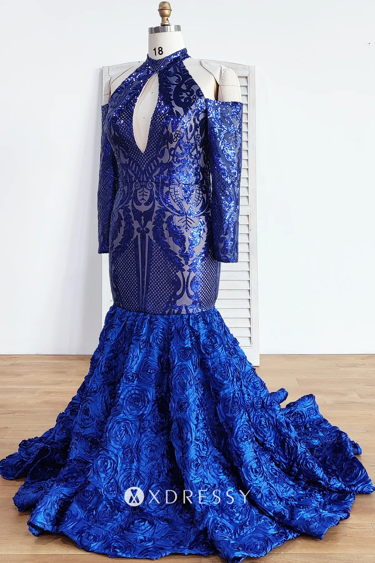 unique prom dress royal blue keyhole cold shoulder sequin mermaid rosette skirt unique prom dress royal blue keyhole cold shoulder sequin mermaid rosette skirt