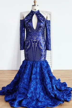 unique prom dress with royal blue keyhole sequin bodice mermaid rosette skirt