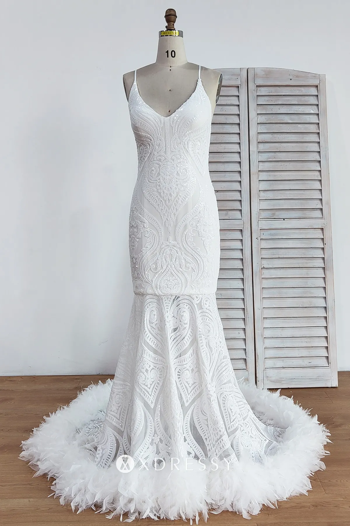 white mermaid sleeveless sequin prom dress with V neck
