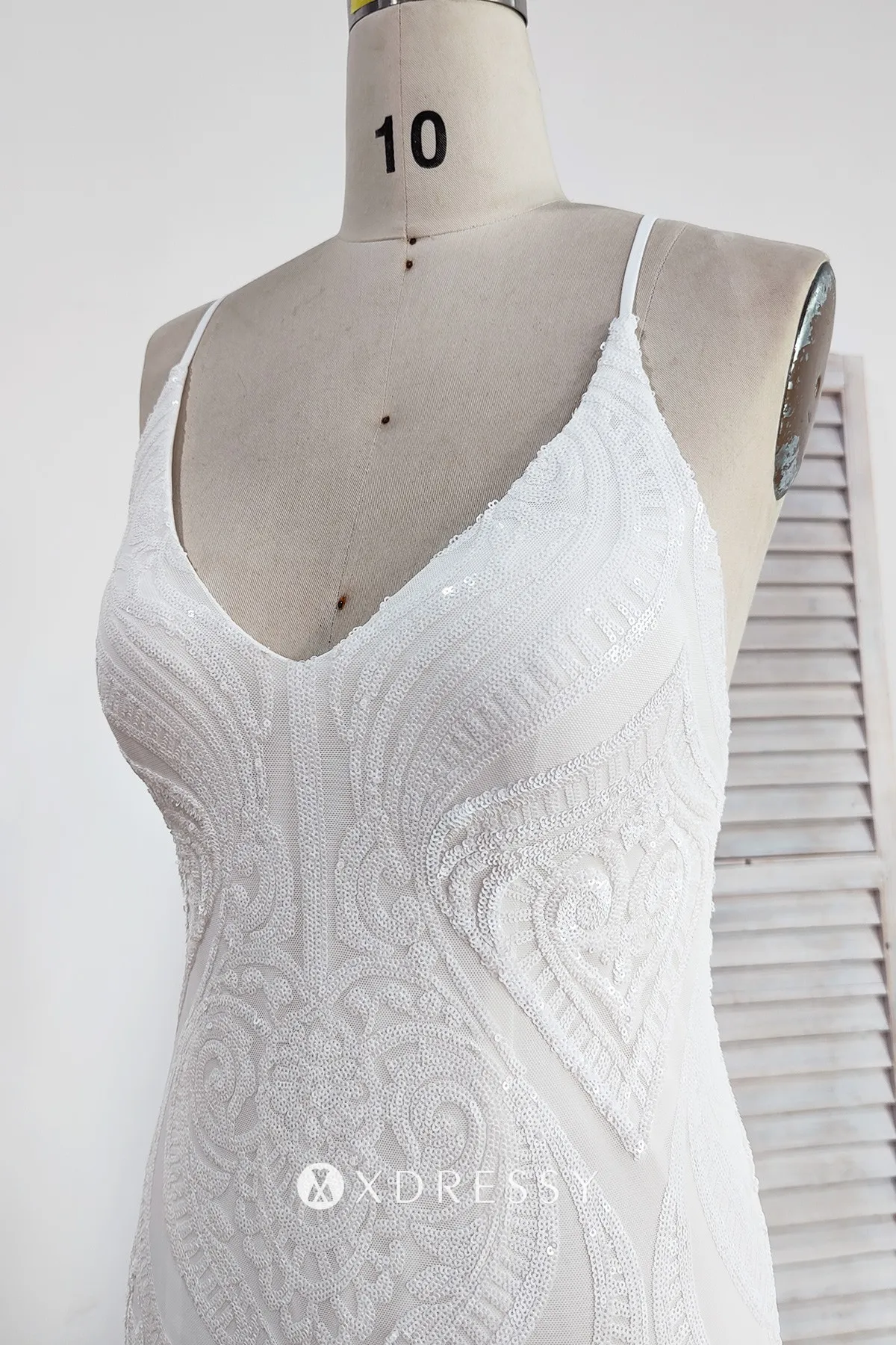 white sleeveless V neck spaghetti straps sequin bodice
