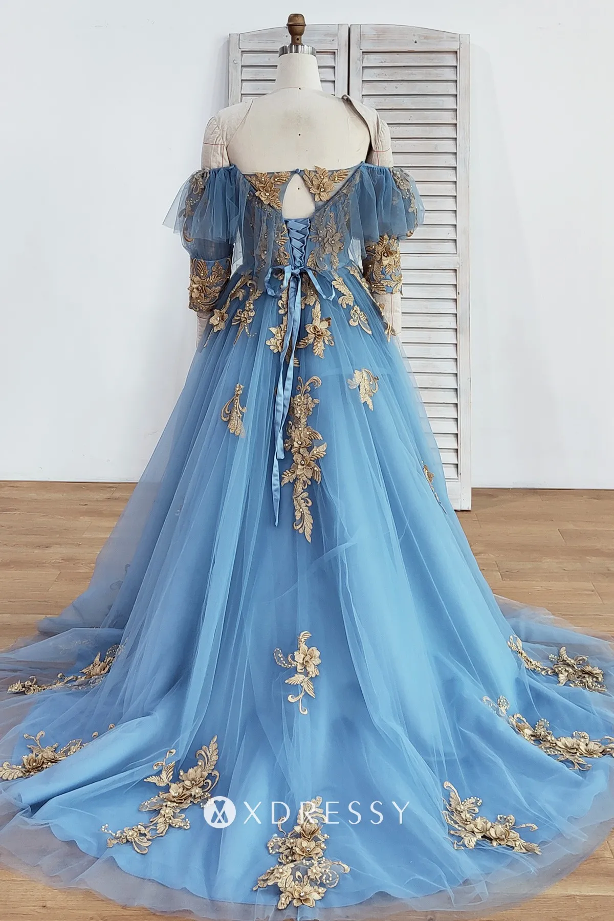 Blue Tulle Floor Length Prom Dress, Off The Shoulder Evening Dress with 3D Flowers US 6 / Blue