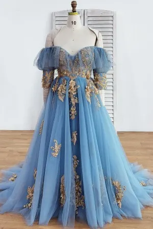 ruffled off shoulder sweetheart blue tulle prom dress