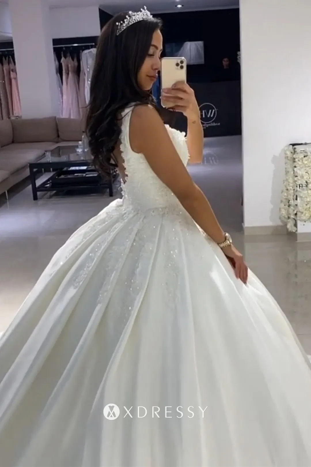 low V back beaded lace appliqued white satin wedding ballgown low V back beaded lace appliqued white satin wedding ballgown