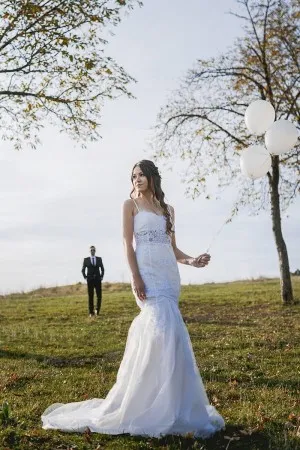 ivory lace satin tulle mermaid wedding dress