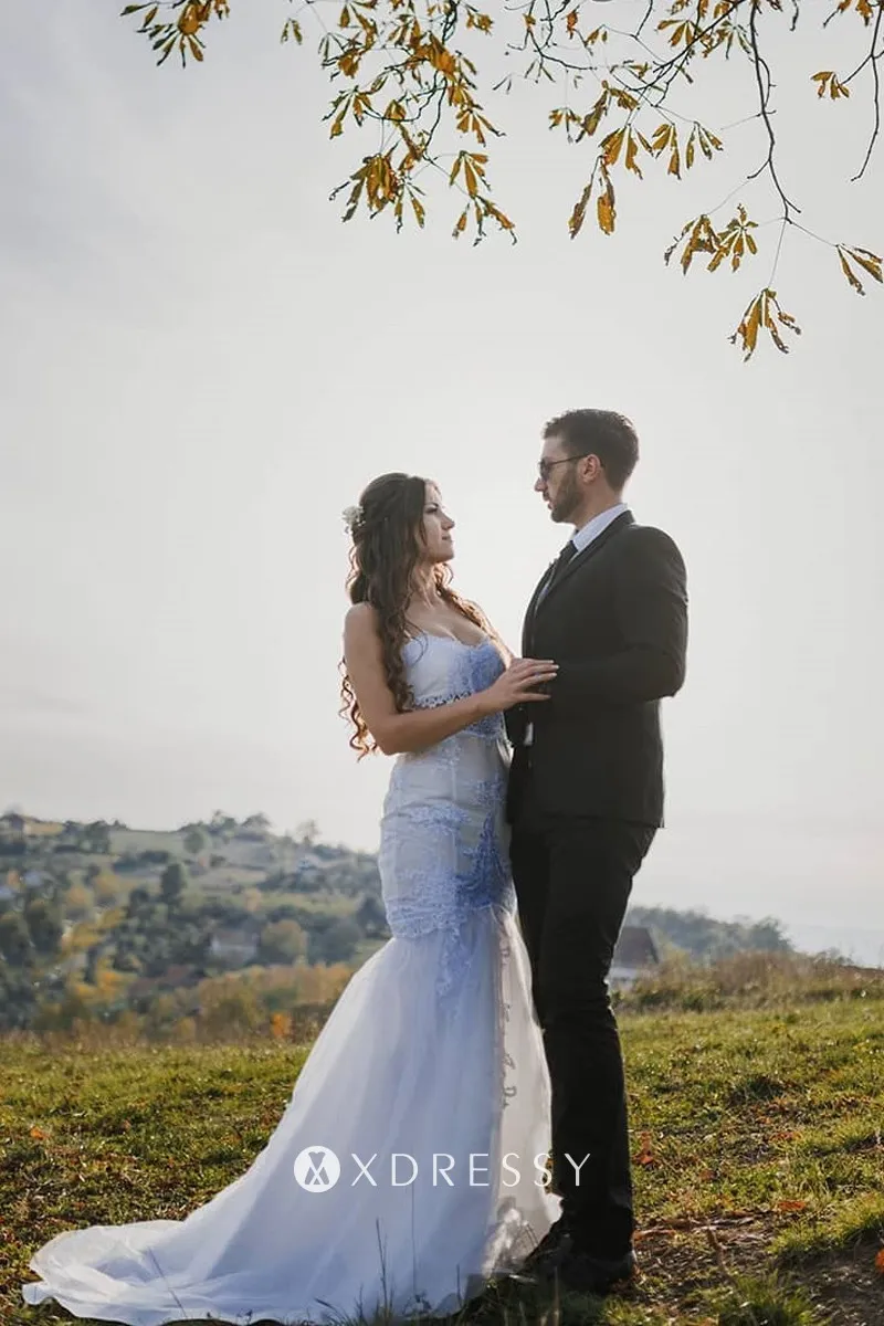 ivory lace satin tulle mermaid wedding dress with court train