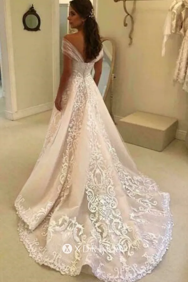 off the shoulder ivory lace A line wedding dress with court train off the shoulder ivory lace A line wedding dress with court train