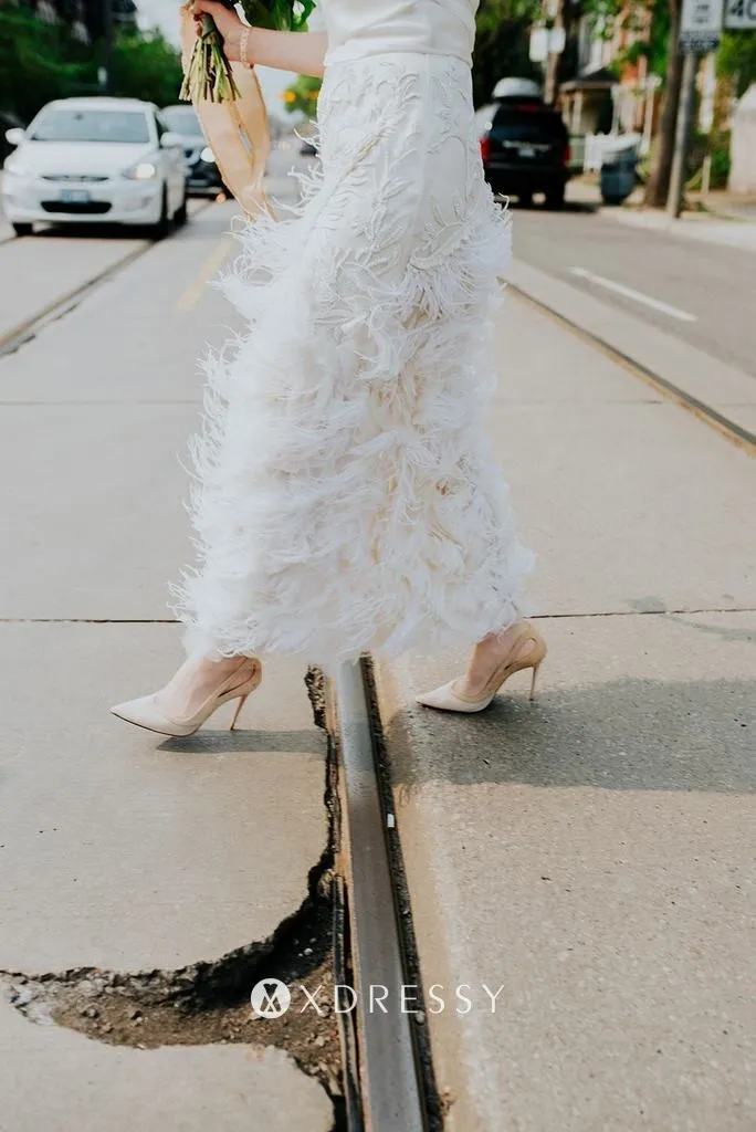 sheath long bridal dress with ostrich feather cascading down skirt sheath long bridal dress with ostrich feather cascading down skirt