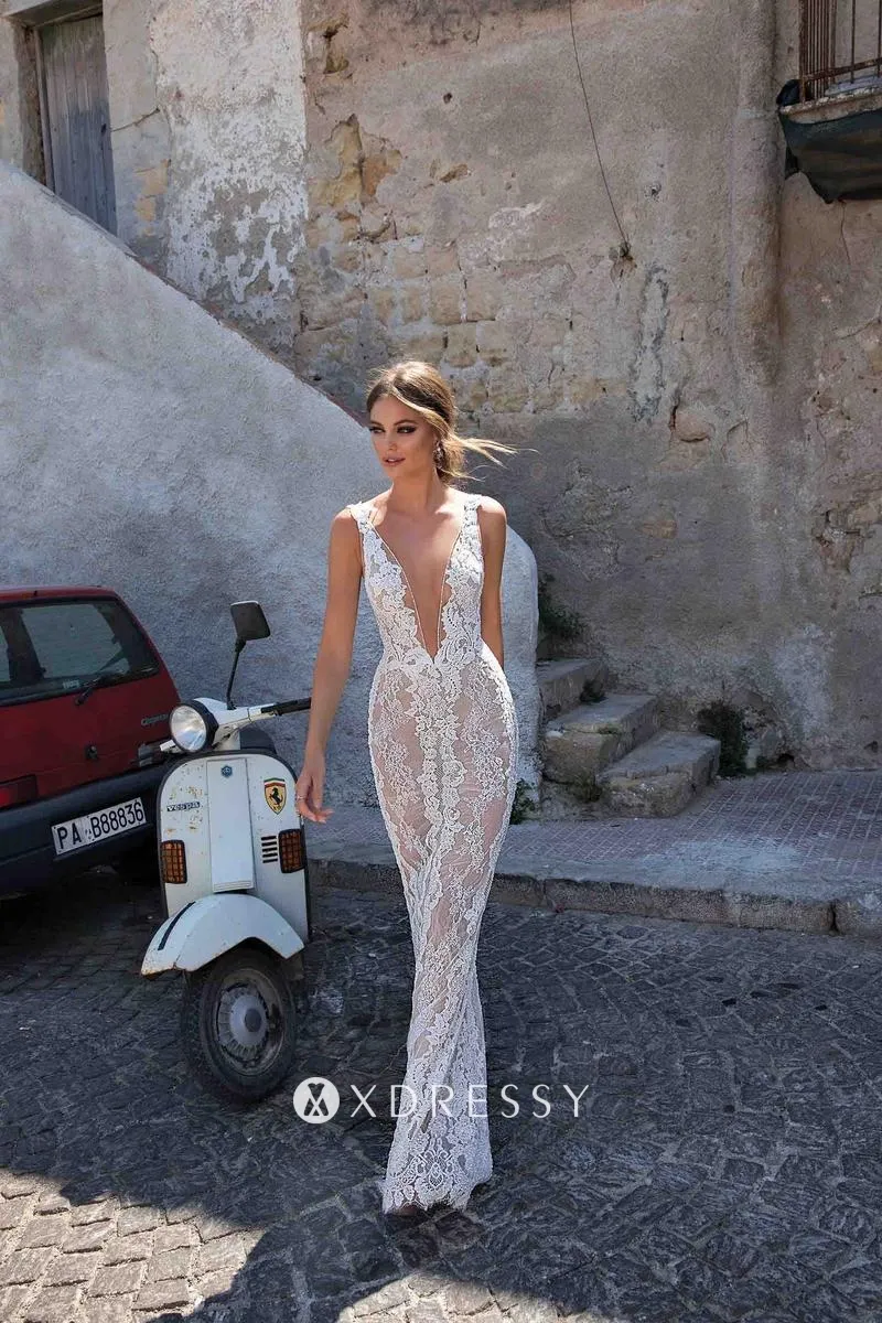 sexy illusion plunging neck bridal dress