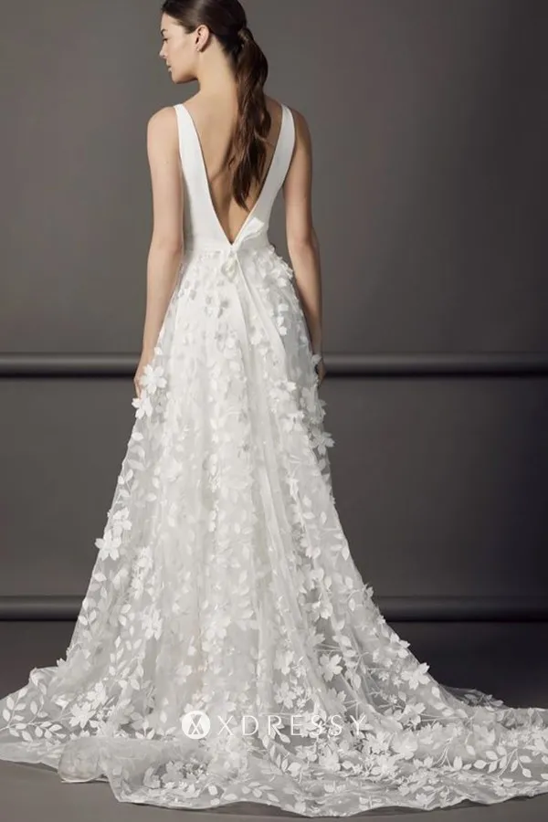 low V back ivory satin and floral lace court train bridal dress