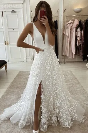 sexy plunging V neck slit floral wedding dress