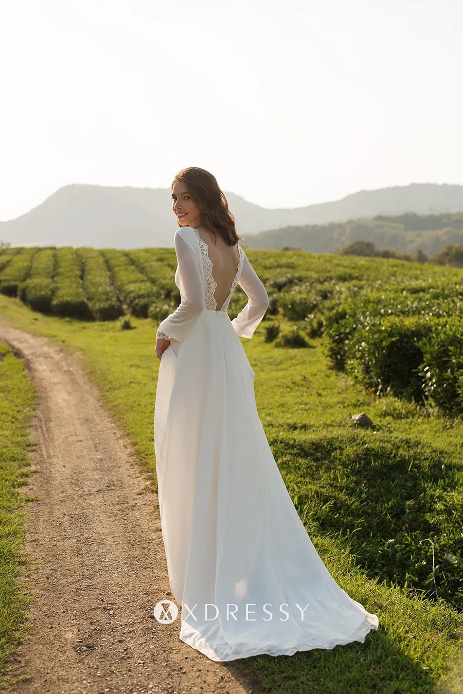 v back chiffon elegant bridal gown