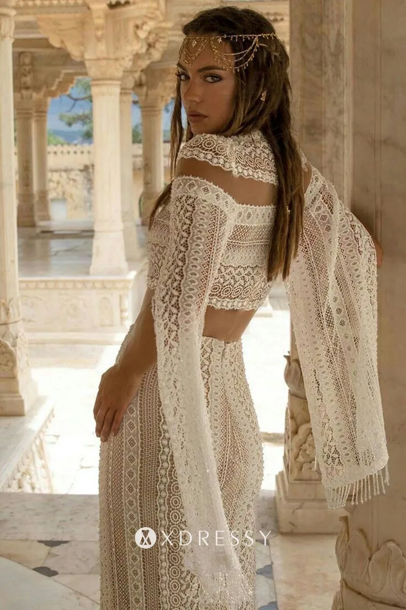 pearl long sleeve with slit ivory lace bohemian bridal dress pearl long sleeve with slit ivory lace bohemian bridal dress
