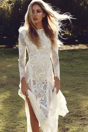floral lace long sleeve low back rustic wedding dress