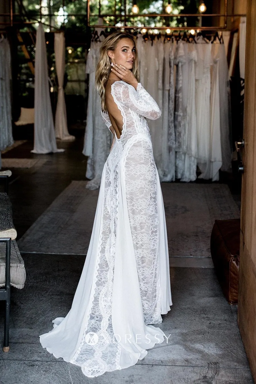 Rustic Long Sleeve Lace Two Piece Wedding Dress Crop Top with court train
