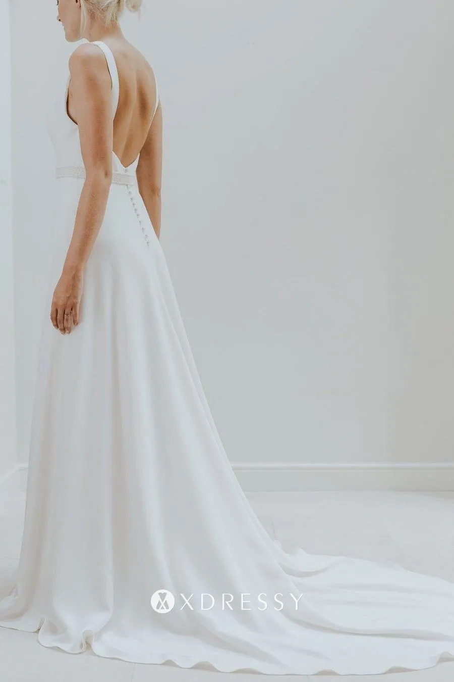 modern open back ivory satin court train wedding dress