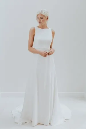 simple boat neck open back ivory satin wedding dress