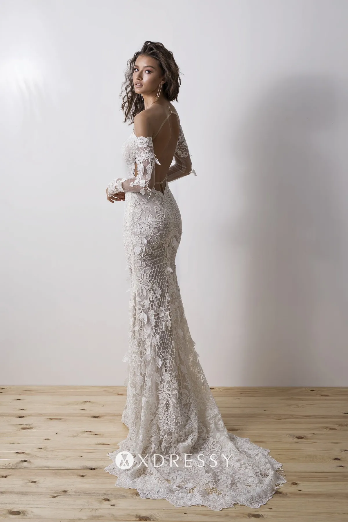 Lace & Chiffon Long Sleeve Open Back Boho Wedding Gown - Xdressy