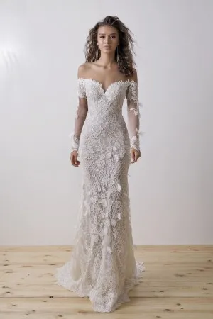 unique 3d leaft lace long sleeve bohemian bridal dress