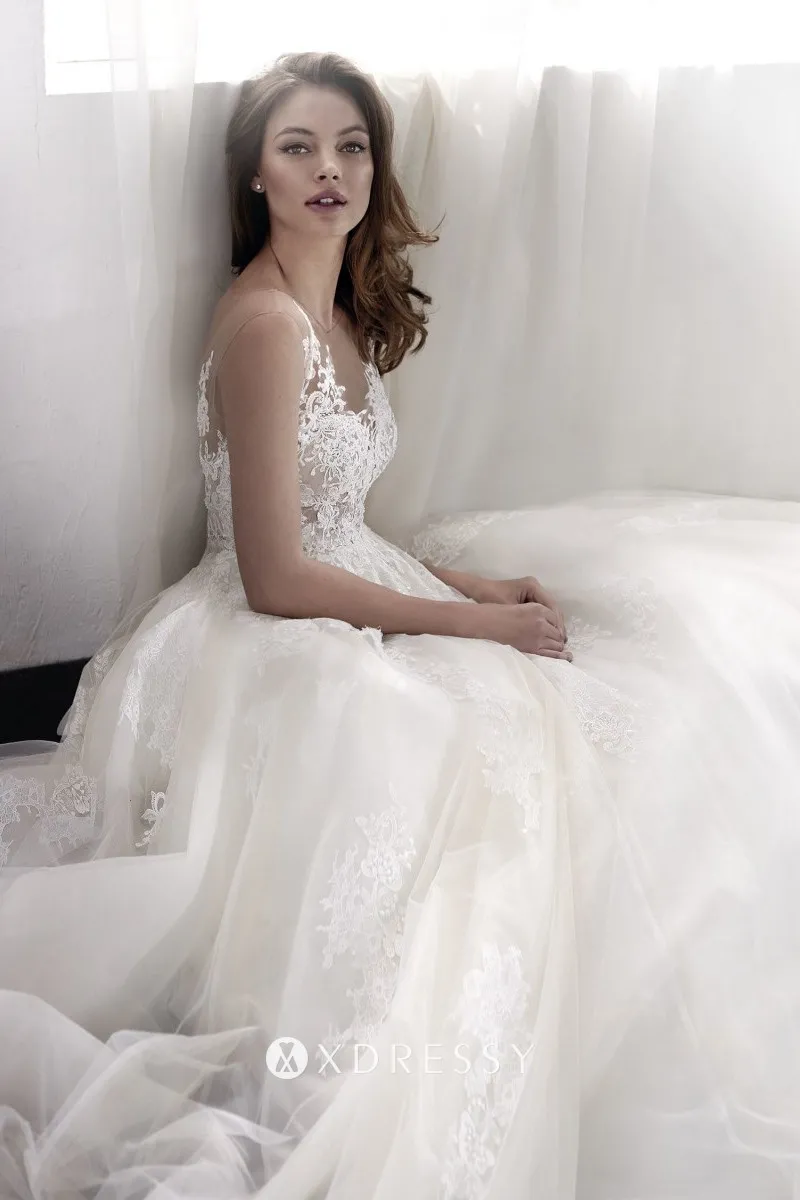 modern v neck ivory lace tulle wedding dress