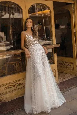 deep v neck romantic lace a line bow back wedding dress